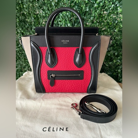 Celine Handbags - Celine Nano Luggage Tote Red/Black Leather & Suede Authentic